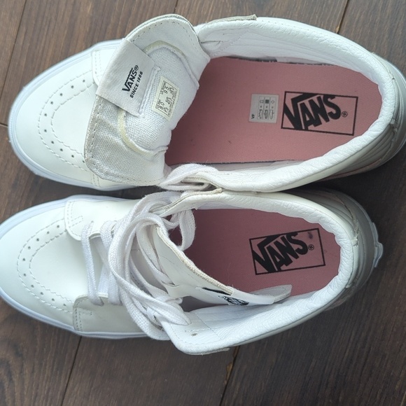 Vans SK8 Classic Hi High White Leather Powder Pink Stripe Skate Shoes - Picture 5 of 10
